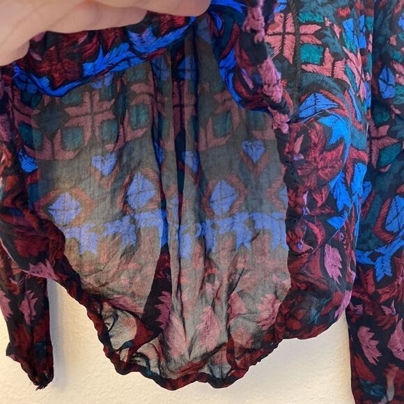 Lucky Brand long sleeve colorful sheer silky blouse tassel boho festival fairy S - Picture 6 of 9